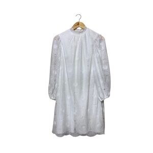 Trina Turk White Circle Lace Mock Neck Balloon Sleeve Shift Mini Dress Size 2